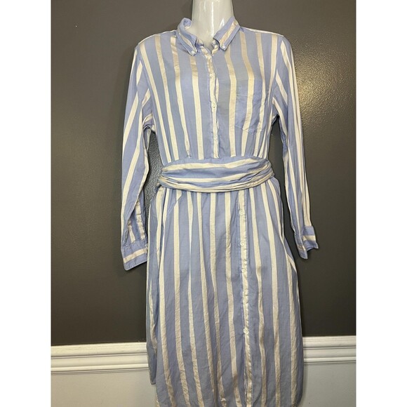 GANT Rugger Shirt Dress Womens Large Blue White Striped Belted Button Front - Picture 2 of 15